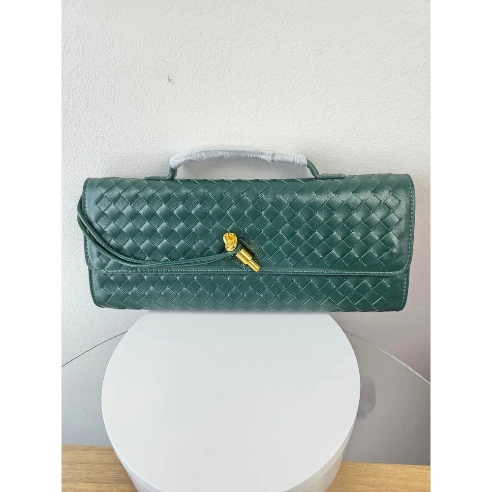 Woven Forest Green Vegan Leather Crossbody Clutch Bag with Knot Lock New